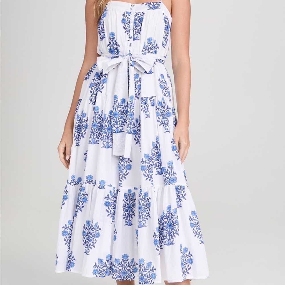 Blue and White Strapless Tiered Sundress for Wedding Guest